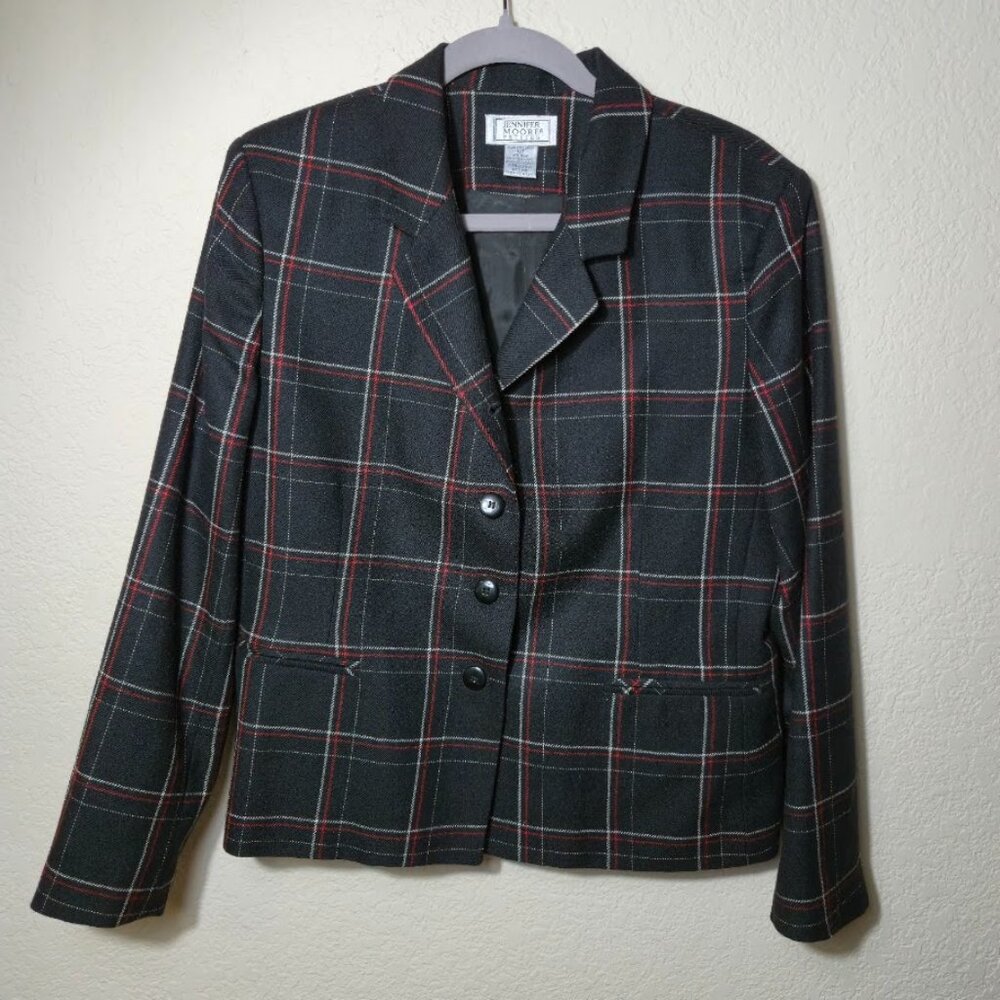 Vintage Jennifer Moore Petites 100% Wool Plaid Blazer - Size 14P.